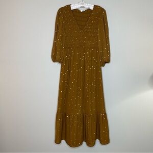by the River Golden Brown Crepe Midi Dress with Gold Polka Dots Smocked Top